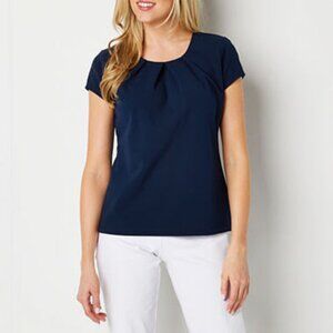 Liz Claiborne- Women's Round Neck Short Sleeve Navy Blue Blouse (EUC)
